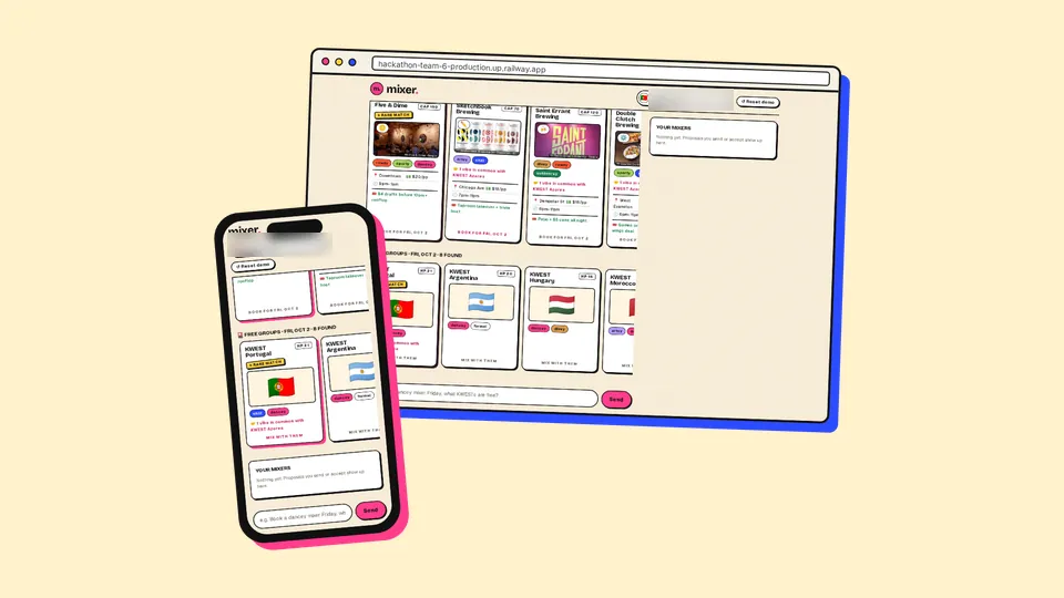 M:XR app mockup on desktop and phone, listing bars and student groups to mix with